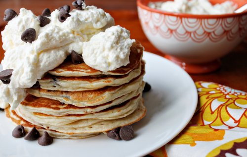 pancakes with nata whipped cream on top