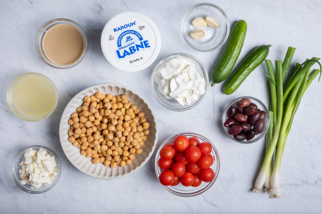 bird eye view of Karoun labne container and other veggies and cheeses