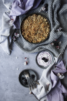 Apple and Pear Crumble with Blackberry Labne Mousse